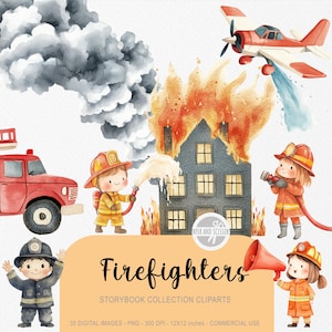 35 Little Firefighter ClipArt, Acquerello Storybook PNG, Illustrazione di camion dei pompieri, Decorazione per la cameretta dei bambini, Lavoro carino per ragazzi e ragazze, Licenza per download immediato