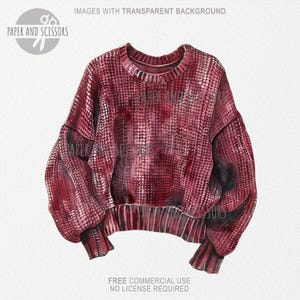 May include: A watercolor illustration of a maroon sweater with a textured pattern. The sweater has a crew neck, long sleeves, and a ribbed hem and cuffs. The image includes the text "PAPER AND SCISSORS" and "IMAGES WITH TRANSPARENT BACKGROUND".