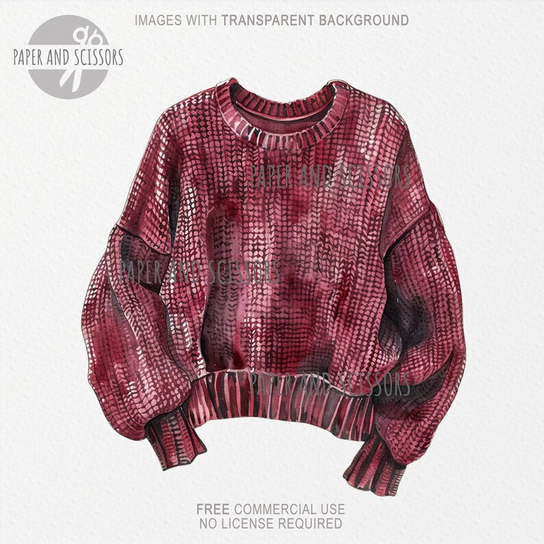 May include: A watercolor illustration of a maroon sweater with a textured pattern. The sweater has a crew neck, long sleeves, and a ribbed hem and cuffs. The image includes the text "PAPER AND SCISSORS" and "IMAGES WITH TRANSPARENT BACKGROUND".