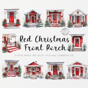 10 Rote Weihnachtsveranda ClipArts, Weihnachtshaus PNG, Aquarell Dorf, Weihnachtsmarkt, Gemütlicher Winter, Ferienzeit Illustration