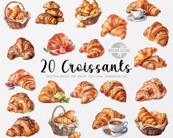 20 Croissant ClipArt, Croissant PNG, Watercolor Croissant illustration, Breakfast PNG, Food ClipArt, Dessert PNG, Cornetto, Bakery, Brunch