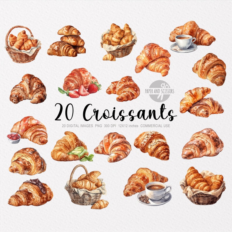20 Croissant ClipArt, Croissant PNG, Watercolor Croissant illustration, Breakfast PNG, Food ClipArt, Dessert PNG, Cornetto, Bakery, Brunch image 1