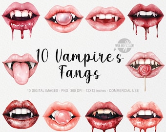 Könnte beinhalten: Ein digitales Bild mit zehn Aquarellillustrationen von Vampirzähnen. Die Bilder zeigen verschiedene Lippenformen und -farben, einige mit tropfendem Blut, einem Lutscher oder Kaugummi. Der Text lautet "10 Vampire's Fangs".