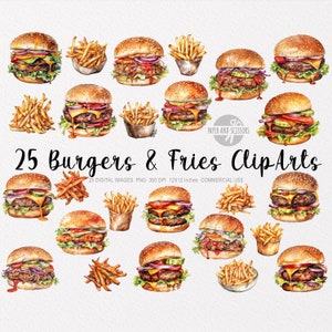 25 Hamburguesas y papas fritas ClipArt, Hamburguesas y papas fritas PNG, Ilustración de hamburguesas y papas fritas, Hamburguesas y papas fritas de acuarela, Comida rápida, Comida chatarra