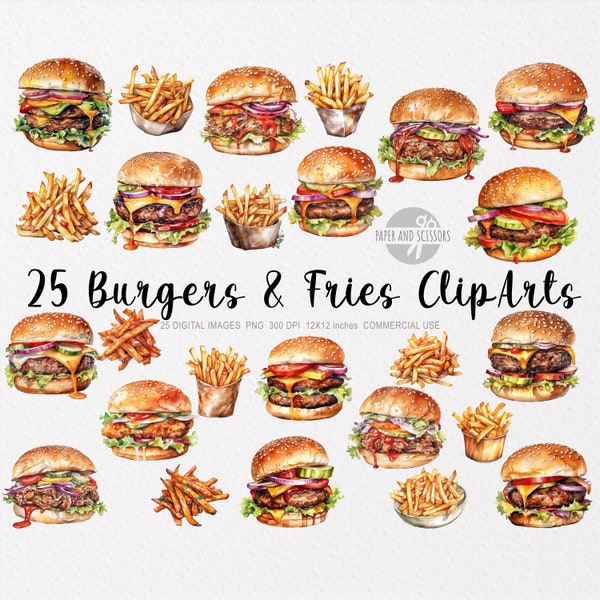 25 Burgers and Fries ClipArt, Burgers and Fries PNG, Burgers and Fries illustration, Watercolor Burgers and Fries, Fast Food Clipart, Food
