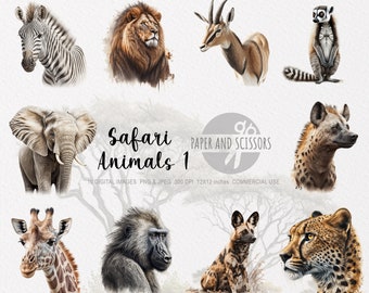 Safari Animals Clipart, Safari Animals PNG, Animals illustration, Animals Clipart, Transparent background, Instant download, Wall Art, 12x12