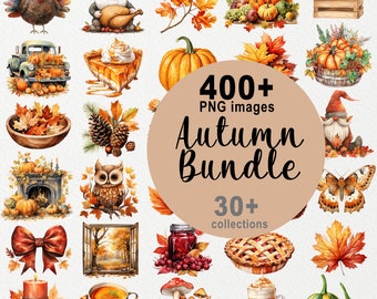 400+ Autumn PNG Printables, Fall ClipArt Bundle, October, Watercolor Thanksgiving Art, Cosy Season, Pumpkin, Harvest, Leaves, Turkey, Gnome