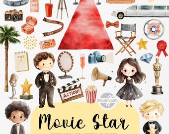 Movie Star Clipart, Watercolor Hollywood Kids PNG, Red Carpet Award Night, Cinema Birthday Party Storybook Bundle, Commercial Use