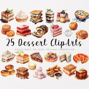 25 Dessert Products ClipArts, Słodkie przysmaki PNG, Ilustracja rozkoszy, Przysmaki akwarelowe, Ciasto, Tarta, Pastel de Nata, Tarta, Mus, Ciastko