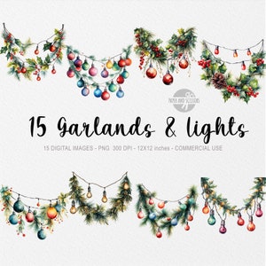 15 Kerstslingers & Lichten ClipArt, Garland PNG, Home Decor, Aquarel Groen Garland, Lichten en slingers, Kerstdecoratie