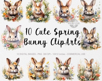 10 Cute Bunny ClipArt, Bunny PNG, Spring Bunny illustration, Watercolor Flowers, Floral PNG, Flowers ClipArt, Flowers PNG, Spring Clipart