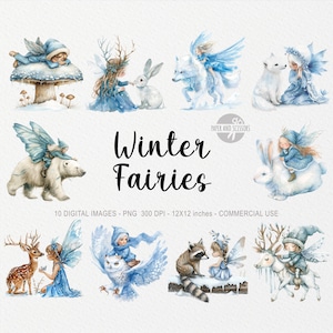 ClipArts winterfee, grillige png, bundel blauwe sprookjestuin, december scrapbooking, kerstkaart DIY, aquarel sprookjesbos, magie