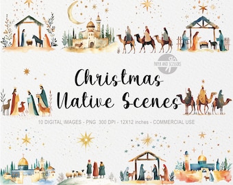 10 Christmas Nativity Set Scene ClipArts, Religious Christian PNG, Minimalist Print Decor, Native, Religious Family Eve, Traditional WallArt