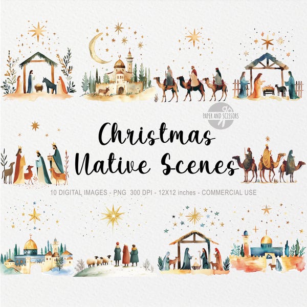 10 Christmas Nativity Set Scene ClipArts, Religious Christian PNG, Minimalist Print Decor, Native, Religious Card Making Traditional WallArt