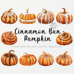 10 cliparts citrouille, brioche à la cannelle, Halloween PNG, PNG Design automne, illustration aquarelle, sublimation automne, petits pains, épices, sucre, crème, lait