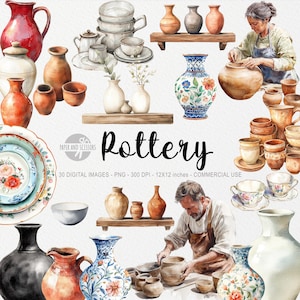 May include: A collection of 30 watercolor illustrations of pottery, including vases, bowls, mugs, and pitchers. The illustrations feature a variety of colors, patterns, and styles, including traditional and modern designs. The illustrations are perfect for use in craft projects, scrapbooking, and other creative endeavors.