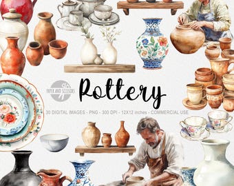 May include: A collection of 30 watercolor illustrations of pottery, including vases, bowls, mugs, and pitchers. The illustrations feature a variety of colors, patterns, and styles, including traditional and modern designs. The illustrations are perfect for use in craft projects, scrapbooking, and other creative endeavors.