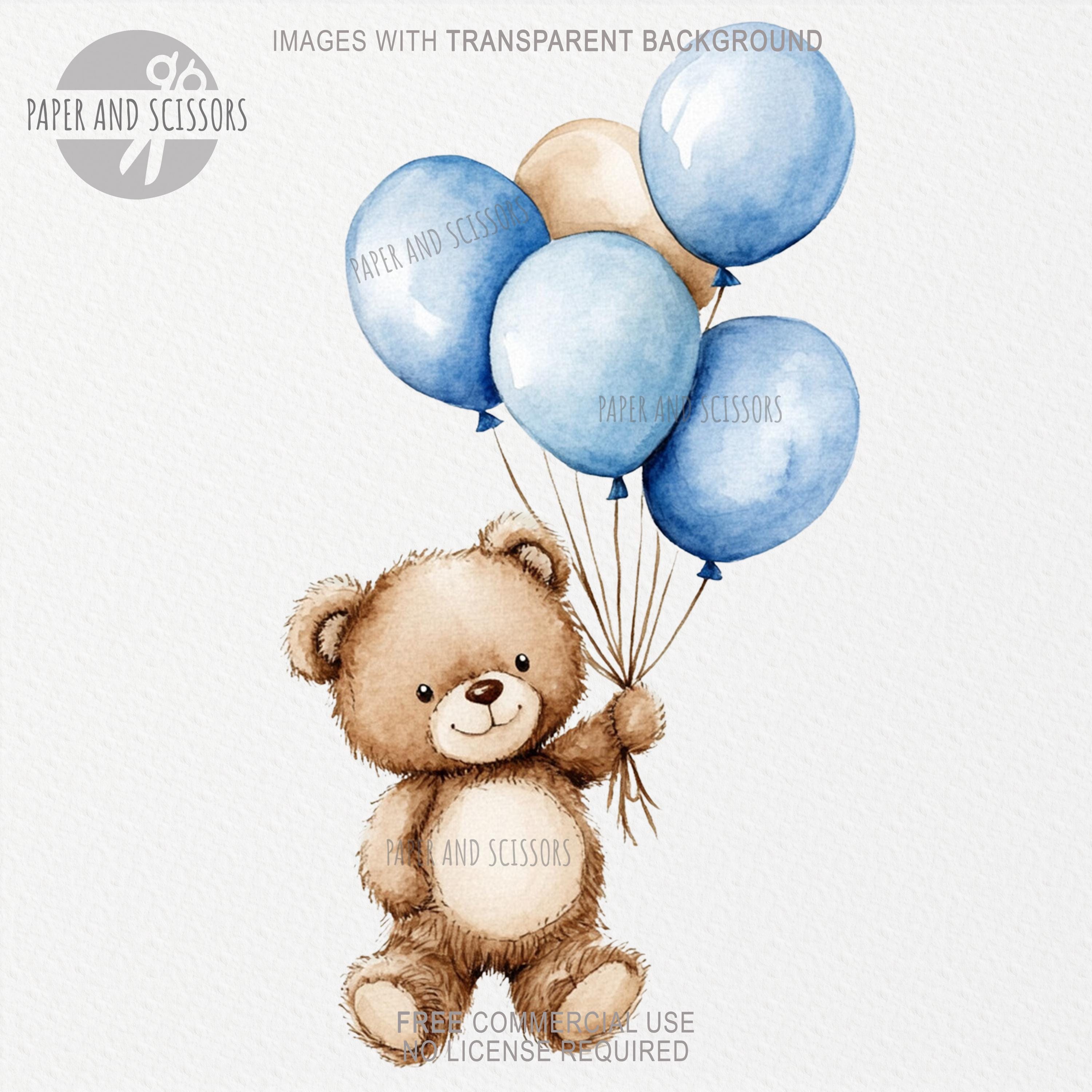 10 Teddy Bears With Balloons Watercolor Clipart, Balloon Teddy Bear PNG ...