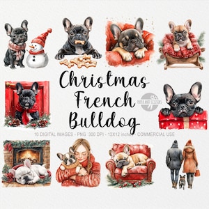 10 ClipArts de Bulldog Francês de Natal, PNG de Bulldog Francês de Natal, Cachorro Aquarela para Imprimir, Adesivo de Filhote de Cachorro, Animal de Estimação de Véspera de Feriado, Sublimação de Suéter
