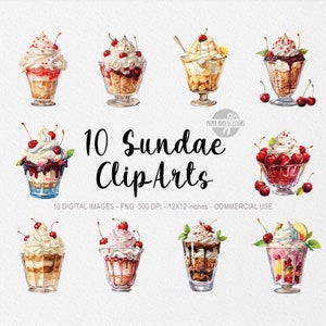 10 cliparts de coupe glacée, crème glacée PNG, illustration aquarelle de coupe glacée, gelato PNG, clipart coupe coupe glacée, fruits, chocolat, vanille, été