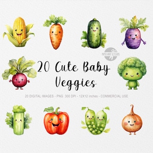 20 lindos imágenes prediseñadas de verduras para bebés, verduras PNG, verduras de acuarela, PNG para niños, imágenes prediseñadas de libros para niños, libros para niños, verduras Kawaii, dibujos animados lindos