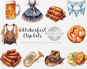May include: A set of 10 digital watercolor illustrations of Oktoberfest themed clip art. The clip art includes a pretzel, a stein of beer, a dirndl, a tuba, a plate of sausages, a plate of sauerkraut and pork, a traditional Bavarian hat, a man's lederhosen, and a string of blue and white bunting.