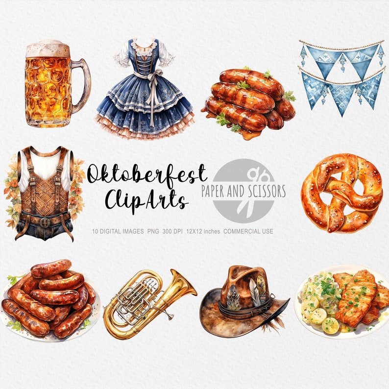 May include: A set of 10 digital watercolor illustrations of Oktoberfest themed clip art. The clip art includes a pretzel, a stein of beer, a dirndl, a tuba, a plate of sausages, a plate of sauerkraut and pork, a traditional Bavarian hat, a man's lederhosen, and a string of blue and white bunting.