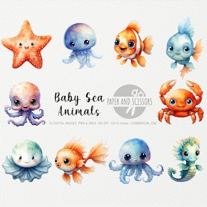 Baby Sea Animals Watercolor Clipart, Baby Sea Animals PNG, Ocean Animals illustration, Children Art, Nursery Decor, Baby Shower Clipart,Fish
