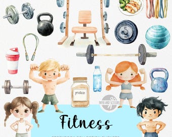 30 niedliche Fitness ClipArt, Aquarell Bilderbuch, Kinderzimmer, Sport, Geburtstagsfeier einladen & Dekor, sofortiger Download, kommerzielle Lizenz