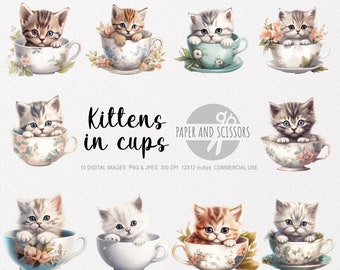 Kittens in Cups Clipart, Kittens PNG, Kittens illustration, Cat Clipart, Cat PNG, Cat Watercolor, Cat Wall Art, Cat lover, Funny Cat, Cute