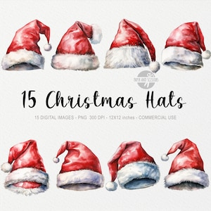 15 Weihnachtsmütze ClipArt, Weihnachtsmann Hut PNG, Aquarell Weihnachtsmann Illustration, Weihnachten Bundle, Urlaub ClipArt, Hut Png, Weihnachten PNG