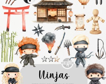 25 niedliche Ninja ClipArt, Aquarell Bilderbuch, Japanisches Kinderzimmer, Ninja, Geburtstagsparty einladen & Dekor, sofortiger Download, kommerzielle Lizenz
