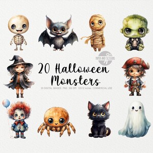 20 Halloween Monsters ClipArt, Monster PNG, Aquarelle Halloween PNG, Clipart Halloween, Halloween Bundle, Citrouille, Chauve-souris, Momie, Clown, Vampire