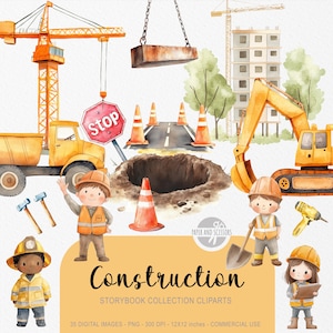 35 Baustelle ClipArt, Aquarell Baustelle, Geburtstagsfeier PNG, Kinderzimmer Thema, LKW, Kran, Arbeiter, Kommerzielle Lizenz