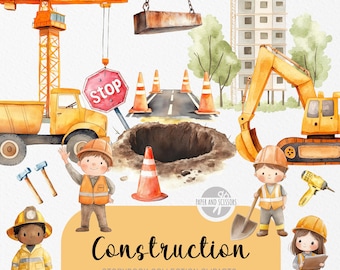 35 Construction Site ClipArt, Watercolor Construction Vehicle, Birthday Party PNG, Nursery Theme, Truck, Crane, Worker, Commerical License