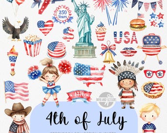 100 niedliche 4. Juli ClipArts, Aquarell PNG, Unabhängigkeitstag, Kinderzimmer Dekor, Scrapbooking, Geburtstagskarte einladen, Party Dekoration, Grillen