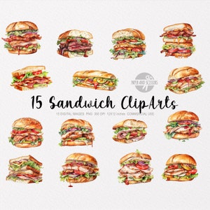 15 Sandwiches ClipArt, Sandwiches PNG, Sandwiches illustration, Watercolor Sandwiches, Sandwiches ClipArt, Sandwiches, Hamburger, Fast Food