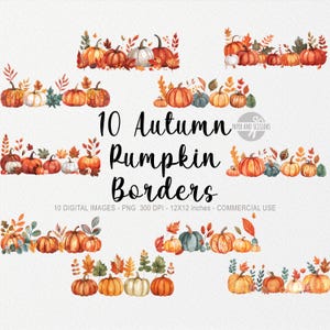 Peut inclure: Dix images numériques de bordures de citrouilles aquarelle avec des feuilles d'automne. Les bordures mesurent 12x12 pouces et 300 DPI. Les images sont parfaites pour ajouter une touche d'automne à vos travaux manuels, invitations et autres projets.