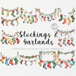 10 Christmas Girlanda & Stocking ClipArt, Girlanda PNG ilustracja, Akwarela Zieleń, Dekoracja Bożonarodzeniowa, Sublimacja, Do Wydrukowania, Święta