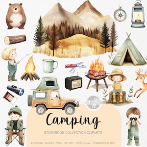 45 Niedlich Camping ClipArt, Aquarell Outdoor Bilderbuch, Camp Zelt Kinderzimmer, Abenteuer Natur, Geburtstagsparty einladen & Dekor, sofort Download