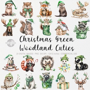 20 cliparts Noël animaux de la forêt, aquarelle verte vacances PNG, lot forêt, vacances à imprimer, Bohème d'hiver, journal indésirable, bébé mignon