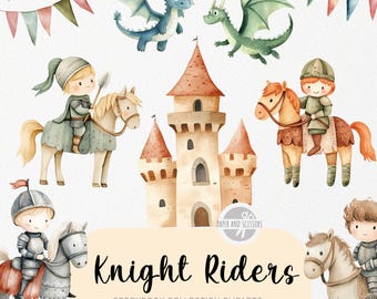 Puede incluir: Ilustraciones en acuarela de caballeros a caballo, dragones y un castillo. La imagen incluye el texto "Knight Riders" y "Storybook Collection Cliparts". La paleta de colores presenta azules, verdes y naranjas suaves.