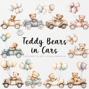10 ours en peluche dans des voitures avec des ballons des cliparts aquarelle, ours en peluche PNG, illustration anniversaire ours en peluche, décoration de chambre d'enfant, fête de baby shower