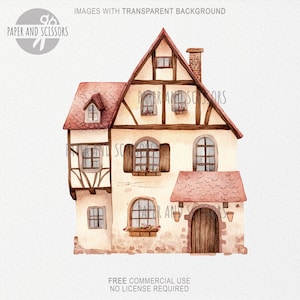 May include: Watercolor illustration of a charming cottage with a red tiled roof, brown wooden beams, and small windows. The cottage has a stone base and a wooden door. The image includes the text "IMAGES WITH TRANSPARENT BACKGROUND" and "FREE COMMERCIAL USE NO LICENSE REQUIRED".