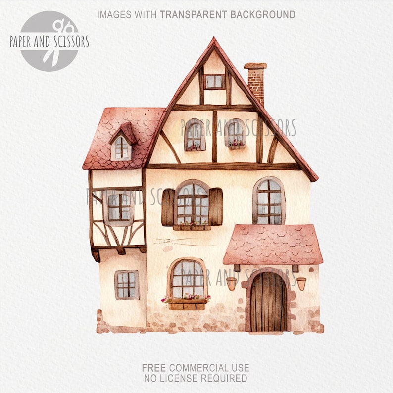 May include: Watercolor illustration of a charming cottage with a red tiled roof, brown wooden beams, and small windows. The cottage has a stone base and a wooden door. The image includes the text "IMAGES WITH TRANSPARENT BACKGROUND" and "FREE COMMERCIAL USE NO LICENSE REQUIRED".