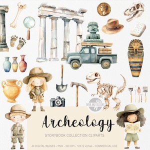 Könnte beinhalten: Aquarell-Illustration mit Cliparts zum Thema Archäologie. Enthält einen blauen Pick-up-Truck, ein Dinosaurierskelett, einen Pharaonensarkophag und verschiedene Werkzeuge. Das Wort "Archeology" ist in einer dekorativen Schrift geschrieben.