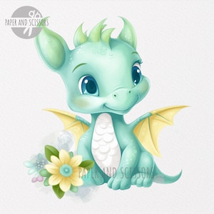 May include: A cute, teal blue baby dragon with yellow wings and white scales sits with a yellow flower and green leaves. The dragon has big blue eyes and a sweet smile.