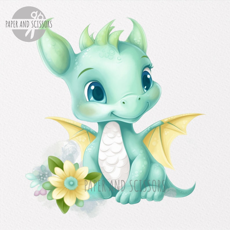 May include: A cute, teal blue baby dragon with yellow wings and white scales sits with a yellow flower and green leaves. The dragon has big blue eyes and a sweet smile.