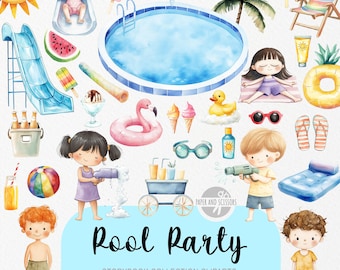 45 Pool Party ClipArt, Aquarell Bilderbuch, Strand Tropisch Pool Kinderzimmer, Geburtstagsfeier einladen & Dekor, sofortiger Download kommerzielle Lizenz