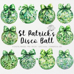 Op de afbeelding: Tien digitale afbeeldingen van groene en gouden discoballen met klavertjevier- en strikdecoraties. De afbeeldingen zijn perfect voor St. Patrick's Day-ambachten en projecten.